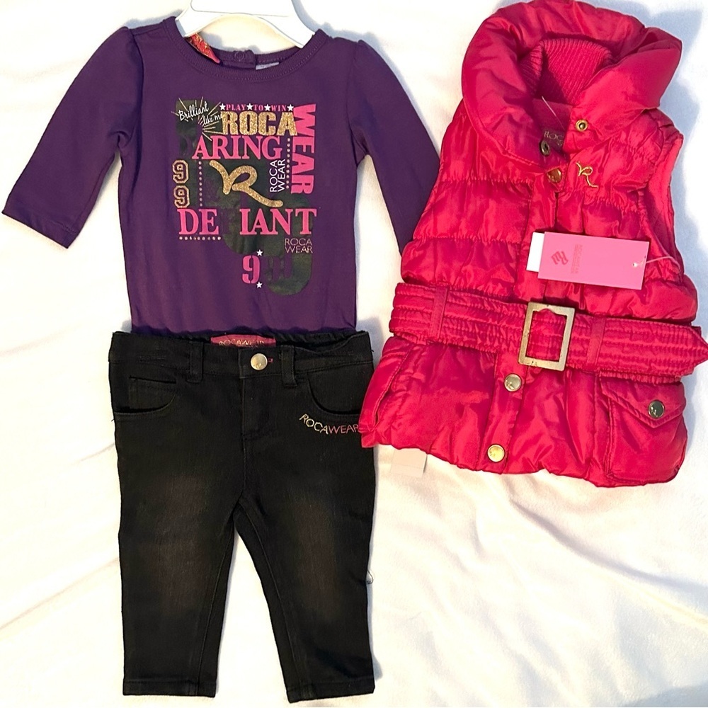 Rocawear 3pc Set NWT Shirt Jeans Puffer Vest Baby Girl 0-3M Y2K pink purp Jay-Z
